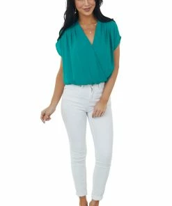 Kori America Deep Jade Surplice Blouson Woven Bodysuit Tops