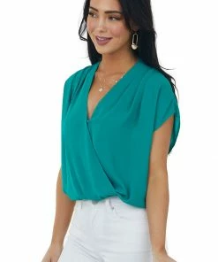 Kori America Deep Jade Surplice Blouson Woven Bodysuit Tops 11 Kori America Deep Jade Surplice Blouson Woven Bodysuit Tops