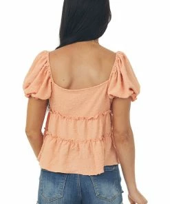 Lush Clothing Deep Melon Ruffle Tiered Swiss Dot Blouse