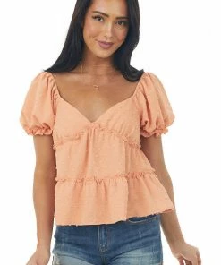 Lush Clothing Deep Melon Ruffle Tiered Swiss Dot Blouse
