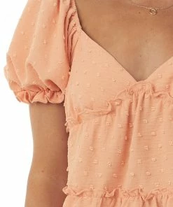 Lush Clothing Deep Melon Ruffle Tiered Swiss Dot Blouse