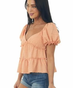 Lush Clothing Deep Melon Ruffle Tiered Swiss Dot Blouse
