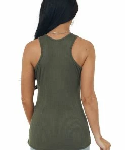 Entro Deep Olive Ribbed Knit Scoop Neck Tank Top Tops