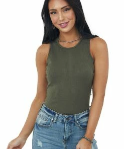 Entro Deep Olive Ribbed Knit Scoop Neck Tank Top Tops