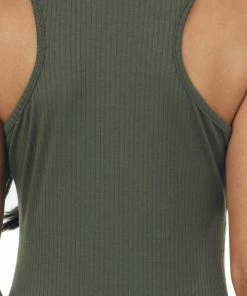 Entro Deep Olive Ribbed Knit Scoop Neck Tank Top Tops