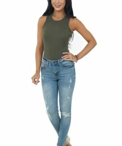 Entro Deep Olive Ribbed Knit Scoop Neck Tank Top Tops