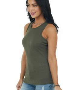 Entro Deep Olive Ribbed Knit Scoop Neck Tank Top Tops