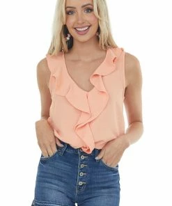 FSL APPAREL Deep Peach Ruffle Sleeveless Crinkle Blouse