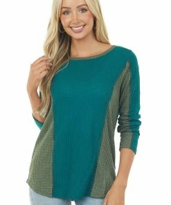 BiBi Deep Pine Long Sleeve Waffle Knit Top With Contrast Detail