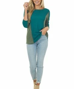 BiBi Deep Pine Long Sleeve Waffle Knit Top With Contrast Detail