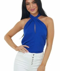 Glam Deep Royal Blue Halter Neck Chest Cut Out Blouse