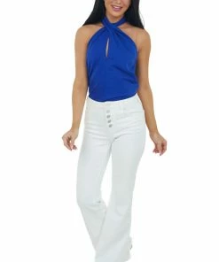 Glam Deep Royal Blue Halter Neck Chest Cut Out Blouse