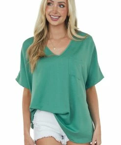 SUMMER 10 Deep Sage Oversized Chest Pocket V Neck Blouse Tops