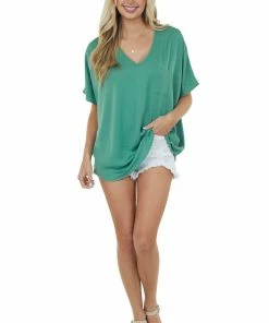 SUMMER 10 Deep Sage Oversized Chest Pocket V Neck Blouse Tops 10 SUMMER 10 Deep Sage Oversized Chest Pocket V Neck Blouse Tops