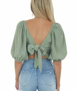 Heyson Tops Deep Sage Square Neck Bubble Sleeve Woven Top
