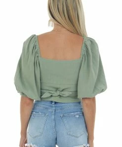 Heyson Tops Deep Sage Square Neck Bubble Sleeve Woven Top