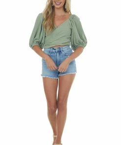 Heyson Tops Deep Sage Square Neck Bubble Sleeve Woven Top