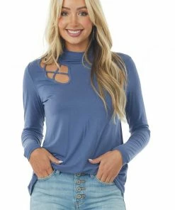143 Story Tops Deep Sapphire Mock Neck Long Sleeve Knit Top