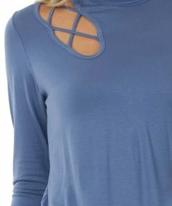 143 Story Tops Deep Sapphire Mock Neck Long Sleeve Knit Top