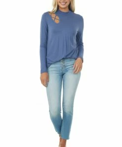 143 Story Tops Deep Sapphire Mock Neck Long Sleeve Knit Top
