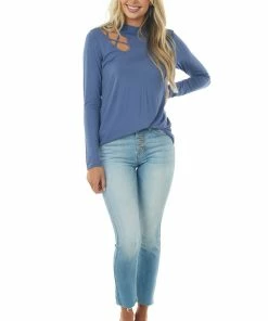 143 Story Tops Deep Sapphire Mock Neck Long Sleeve Knit Top