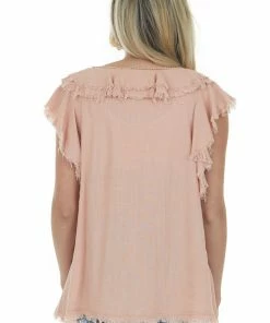 143 Story Tops Deep Tea Rose V Neck Frayed Overlay Blouse