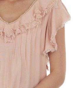 143 Story Tops Deep Tea Rose V Neck Frayed Overlay Blouse