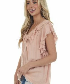 143 Story Tops Deep Tea Rose V Neck Frayed Overlay Blouse
