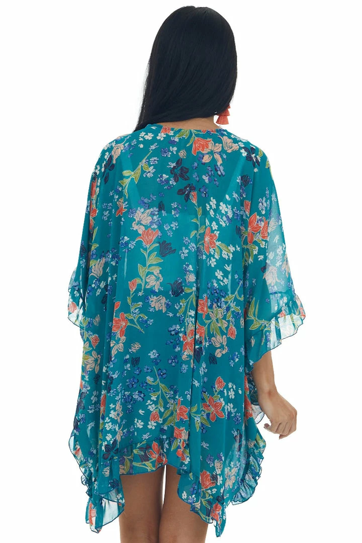 CY Fashion Tops Deep Turquoise Floral Print Ruffle Trim Kimono 7 CY Fashion Tops Deep Turquoise Floral Print Ruffle Trim Kimono