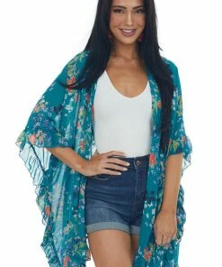 CY Fashion Tops Deep Turquoise Floral Print Ruffle Trim Kimono