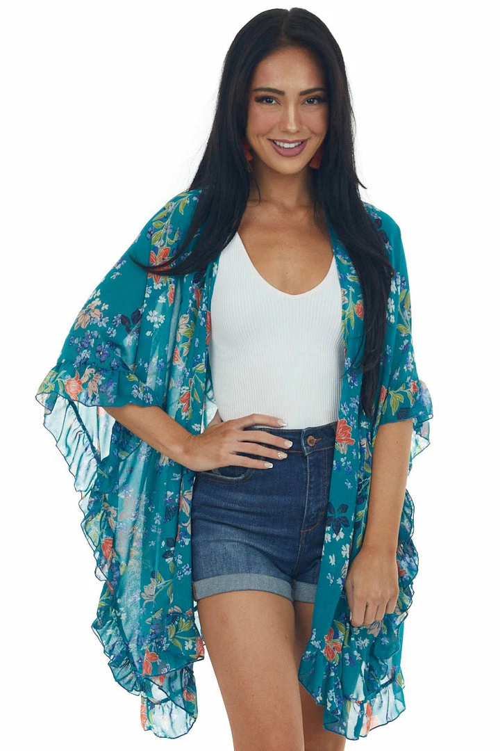CY Fashion Tops Deep Turquoise Floral Print Ruffle Trim Kimono 3 CY Fashion Tops Deep Turquoise Floral Print Ruffle Trim Kimono