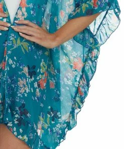 CY Fashion Tops Deep Turquoise Floral Print Ruffle Trim Kimono 13 CY Fashion Tops Deep Turquoise Floral Print Ruffle Trim Kimono