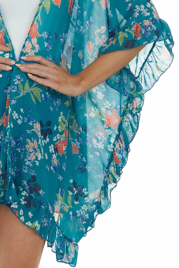 CY Fashion Tops Deep Turquoise Floral Print Ruffle Trim Kimono 8 CY Fashion Tops Deep Turquoise Floral Print Ruffle Trim Kimono
