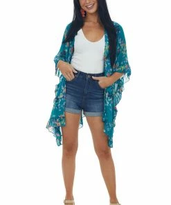 CY Fashion Tops Deep Turquoise Floral Print Ruffle Trim Kimono