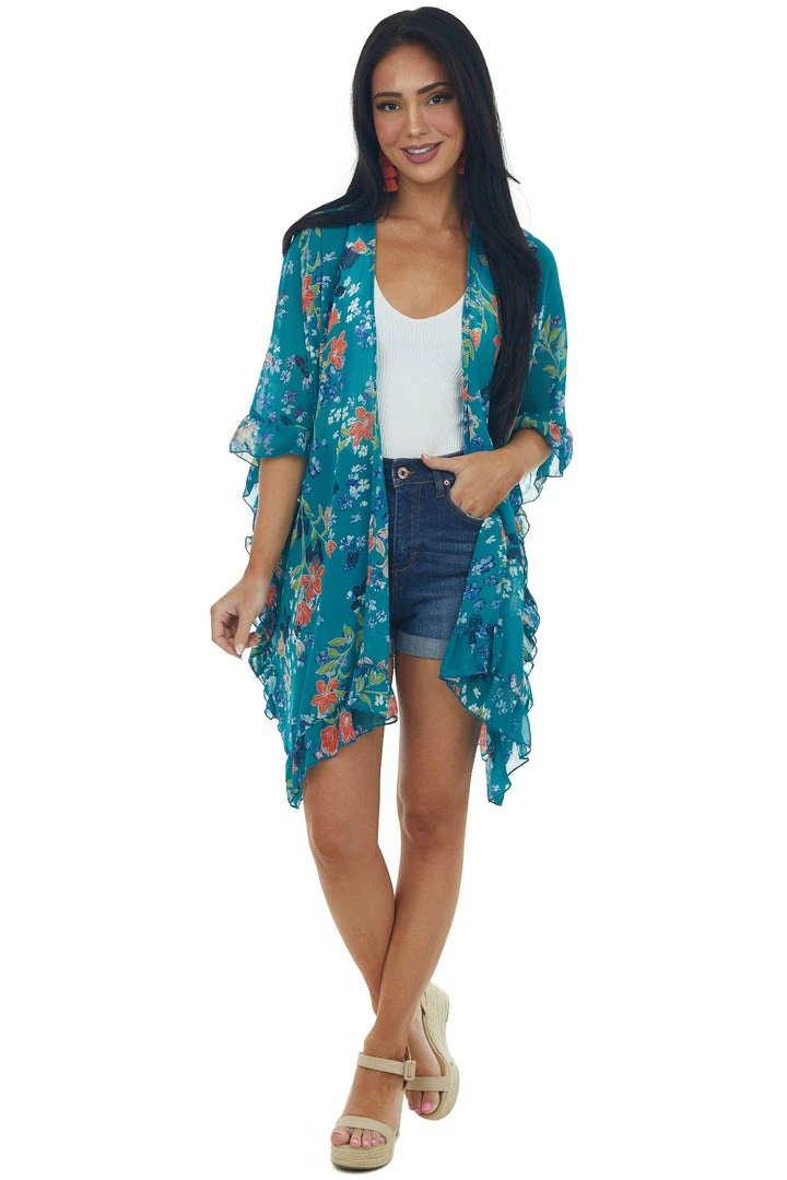 CY Fashion Tops Deep Turquoise Floral Print Ruffle Trim Kimono 5 CY Fashion Tops Deep Turquoise Floral Print Ruffle Trim Kimono