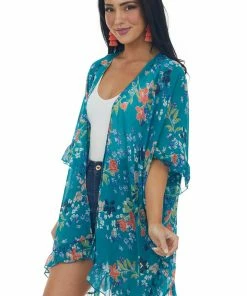 CY Fashion Tops Deep Turquoise Floral Print Ruffle Trim Kimono 11 CY Fashion Tops Deep Turquoise Floral Print Ruffle Trim Kimono