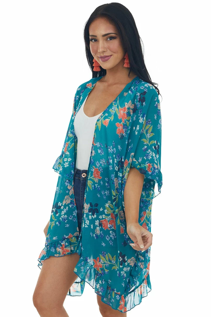 CY Fashion Tops Deep Turquoise Floral Print Ruffle Trim Kimono 6 CY Fashion Tops Deep Turquoise Floral Print Ruffle Trim Kimono