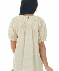 Lime 'N' Chili Desert Sand Eyelet Lace Short Puff Sleeve Top