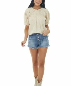 Lime 'N' Chili Desert Sand Eyelet Lace Short Puff Sleeve Top