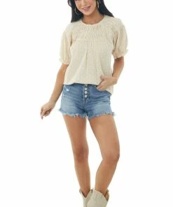 Lime 'N' Chili Desert Sand Eyelet Lace Short Puff Sleeve Top