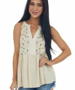 Hailey & Co Desert Sand Floral Embroidered Drop Waist Tank Tops