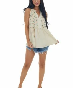 Hailey & Co Desert Sand Floral Embroidered Drop Waist Tank Tops