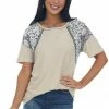BiBi Tops Desert Sand Multiprint Short Sleeve Distressed Knit Top 1 BiBi Tops Desert Sand Multiprint Short Sleeve Distressed Knit Top