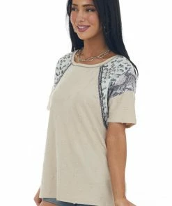 BiBi Tops Desert Sand Multiprint Short Sleeve Distressed Knit Top 11 BiBi Tops Desert Sand Multiprint Short Sleeve Distressed Knit Top
