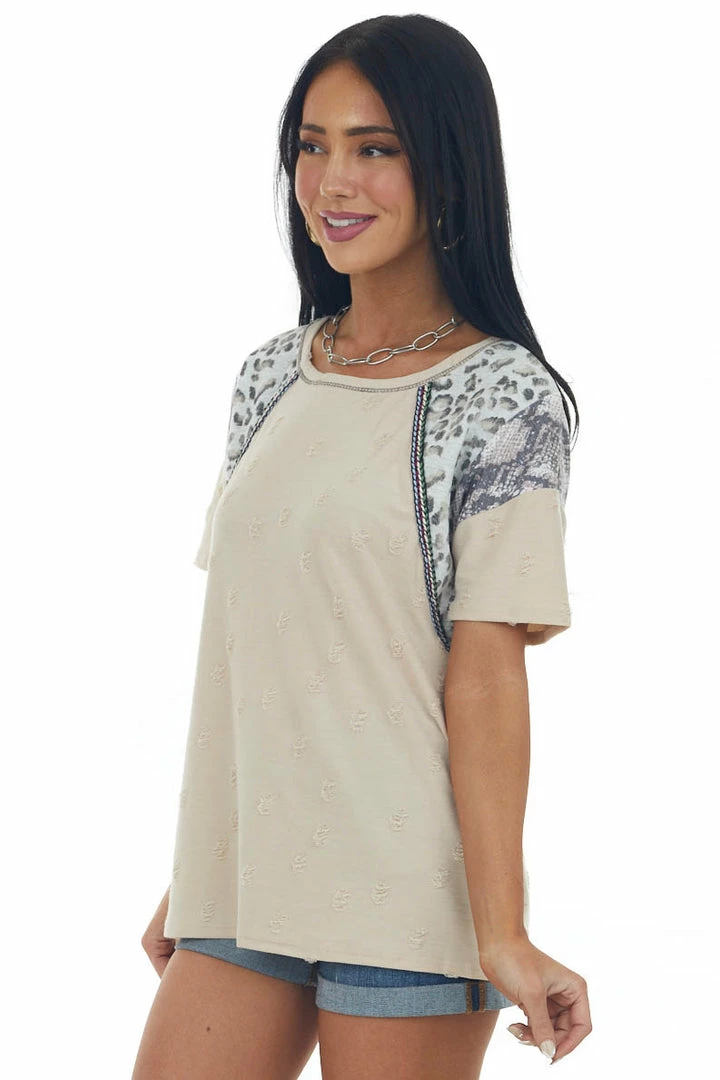 BiBi Tops Desert Sand Multiprint Short Sleeve Distressed Knit Top 6 BiBi Tops Desert Sand Multiprint Short Sleeve Distressed Knit Top