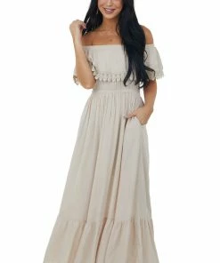 Ninexis Desert Sand Off Shoulder Lace Detail Maxi Dress Dresses