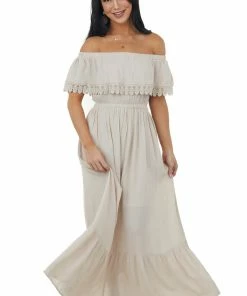 Ninexis Desert Sand Off Shoulder Lace Detail Maxi Dress Dresses