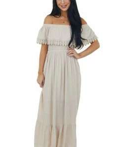 Ninexis Desert Sand Off Shoulder Lace Detail Maxi Dress Dresses