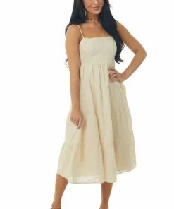 Lush Clothing Dresses Desert Sand Sleeveless Eyelet Lace Midi Dress