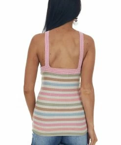 SugarFox Tops Desert Sand Striped Print Halter Neck Knit Top